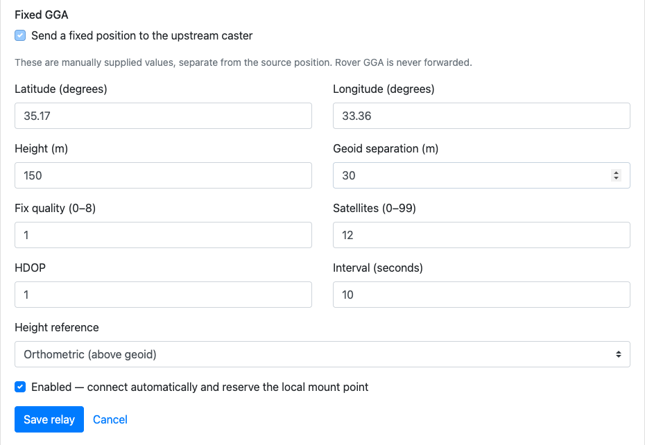 Fixed GGA controls with latitude, longitude, height, geoid separation, fix quality, satellites, HDOP, interval and height reference.