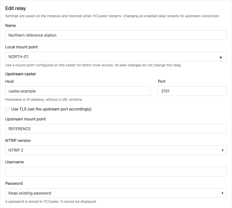 Relay edit form showing the local mount point, upstream host and port, TLS, NTRIP version and password controls.